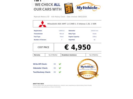 2012 Mitsubishi ASX 1.6L 2WD 5MT INTENSE 5DR €4,950 thumbnail