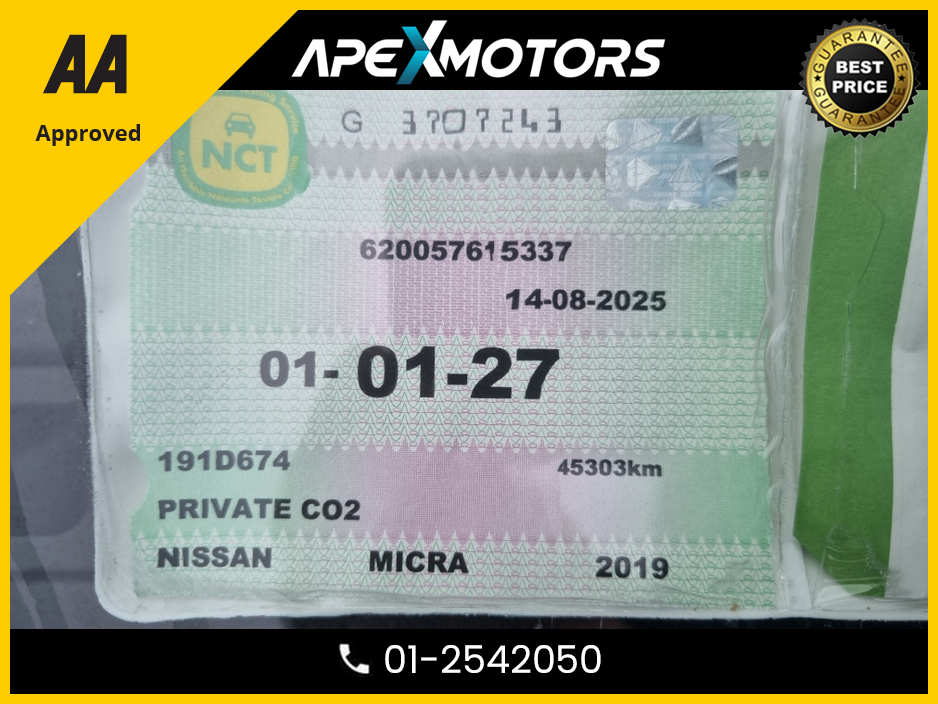2019 Nissan Micra FINANCE ARRANGED * NEW MODEL 1.0 SV MY19 5DR * NEW NCT JAN-27 * LOW LOW KMs ONLY 45000KMs * IMMACULATE * LOW TAX * STAMPED SERVICE HISTORY * AA APPROVED * 101 SAFETY CHECKLIST * 01-2542050 €11,949
