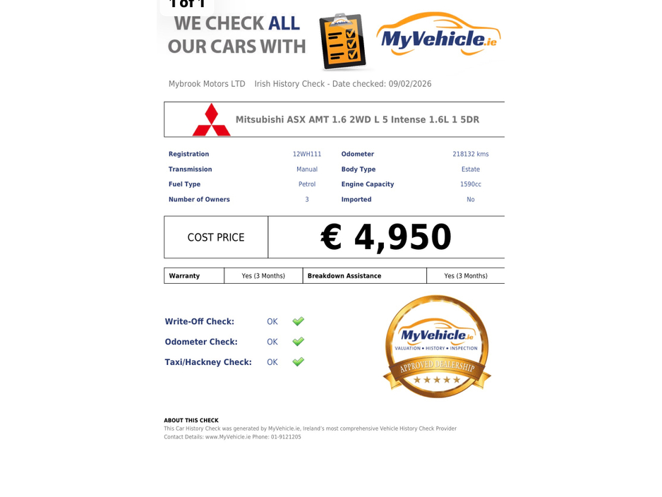 2012 Mitsubishi ASX 1.6L 2WD 5MT INTENSE 5DR €4,950