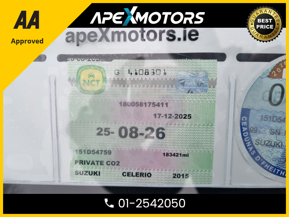 2015 Suzuki Celerio FINANCE ARRANGED * 1.0 68PS SZ3 5DR 68BHP ESCUDO * NEW NCT AUG-26 * LOW TAX JAN-26 * MOST RELIABLE  * VERY ECONOMICAL * IMMACULATE * STAMPED SERVICE HISTORY * AA APPROVED * 101 SAFETY CHECKLIST €4,949