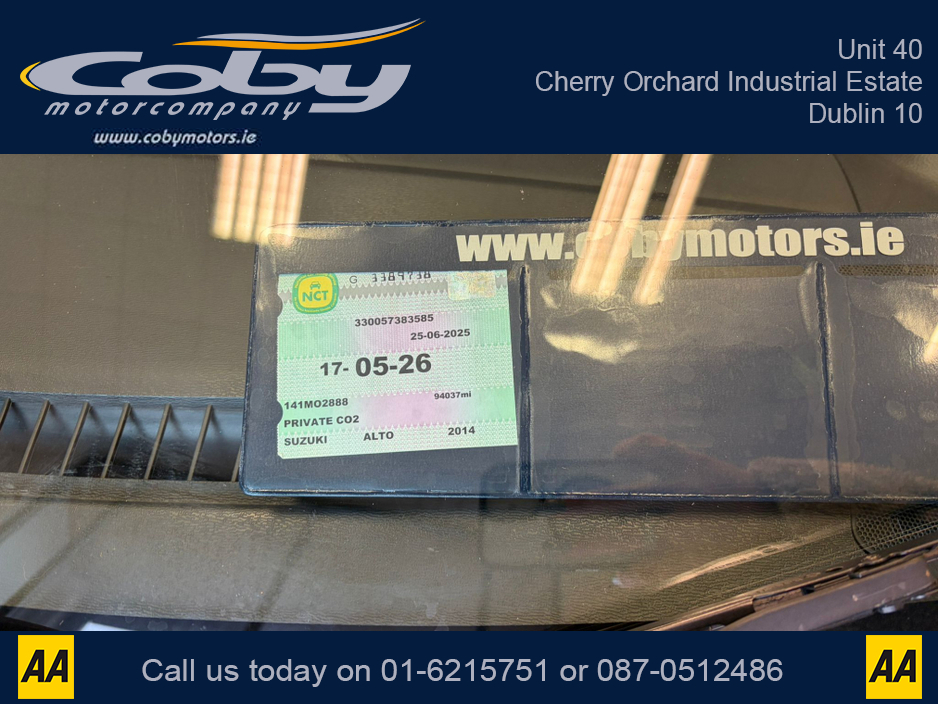 2014 Suzuki Alto 1.0 SZ 5DR Manual. Irish Owned Car With NCT, CD Player, 2 Keys, Air Conditioning, Irish Radio, Service History, Folding Rear Seats, Steel Cap Wheels, and more. €4,950