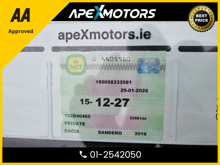 2016 Dacia Sandero FINANCE ARRANGED * 1.5DCI LAUREATE 90BHP * TOP SPEC WITH ALLOY WHEELS * NEW NCT JAN-27 * LOW  TAX  * RELIABLE  * ECONOMICAL * IMMACULATE * STAMPED SERVICE HISTORY * AA APPROVED * 101 SAFETY CHECKLIST €7,249
